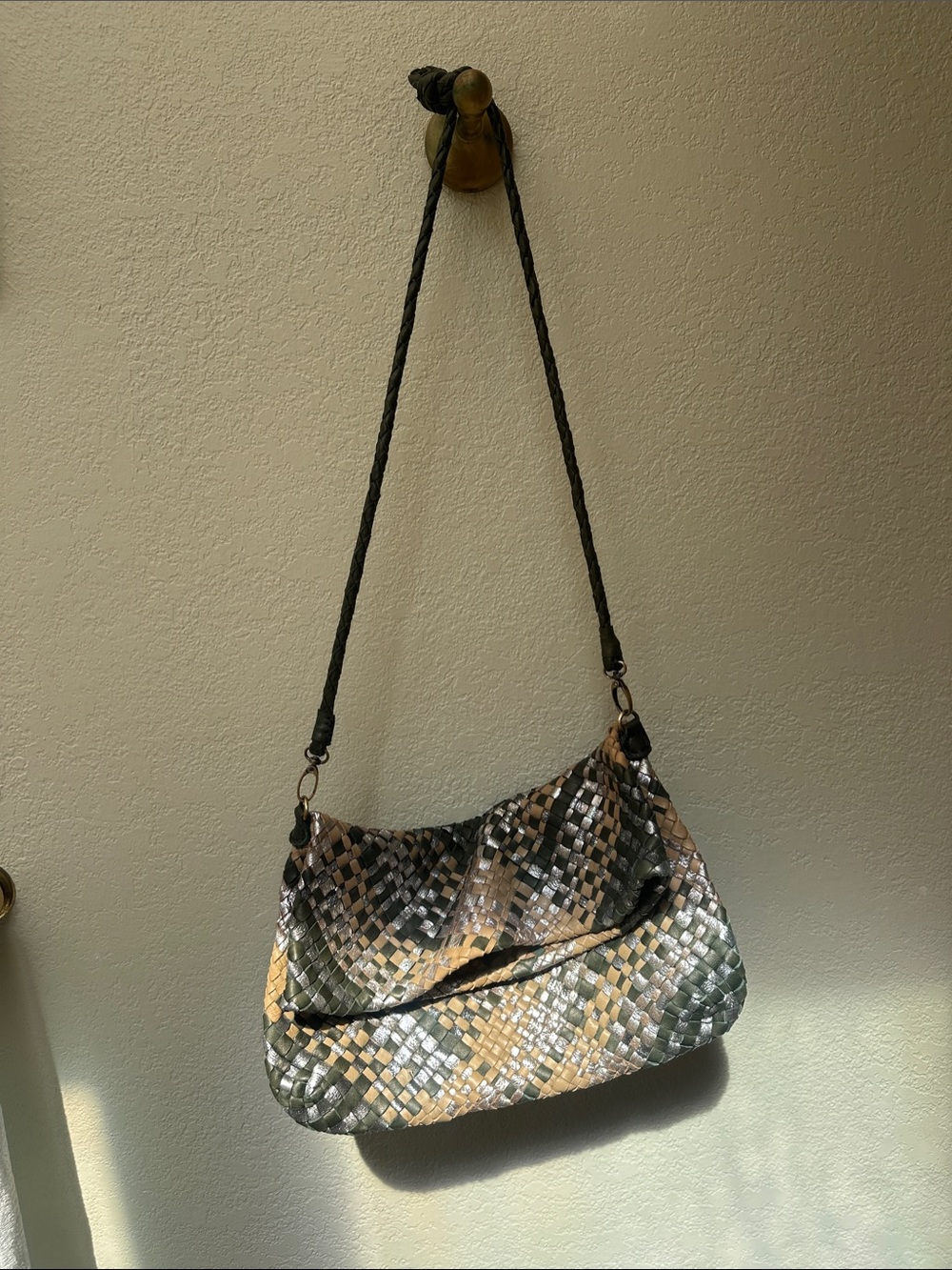 Woven Shoulder Bag in Olive Green, Tan and Black